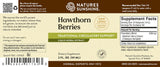 Back label of Nature's Sunshine Hawk Thorn Berries liquid herbal extract, showing product name, ingredients, recommended use, nutrition facts, and barcode on a tan and green label design.