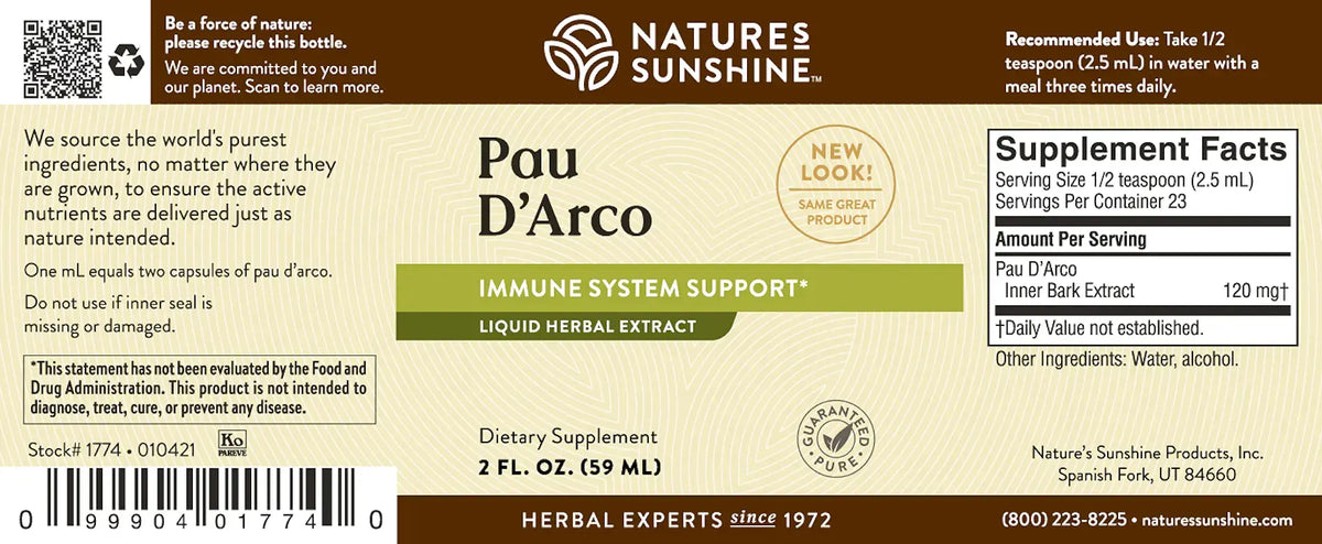 Front and back label of Nature's Sunshine Pau D'Arco Liquid Herbal Extract dietary supplement, showing product name, ingredients, recommended use, and supplement facts on a beige background.