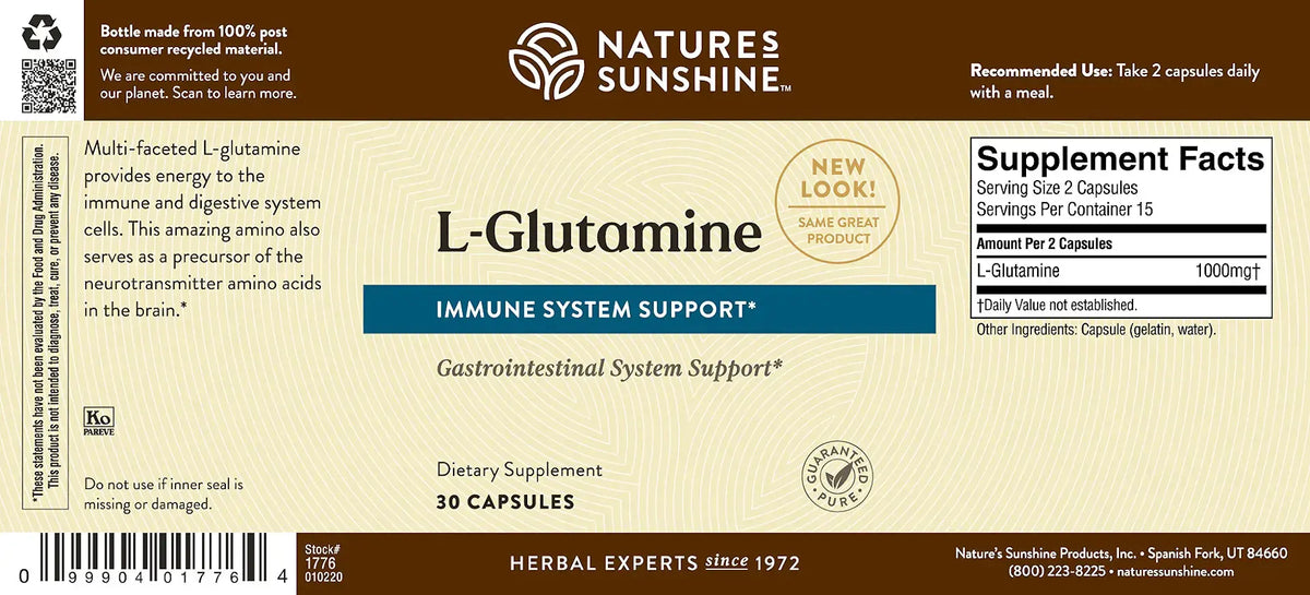 Natures Sunshine L-Glutamine supplement label showing 30 capsules, with a brown header, beige background, and supplement facts panel.
