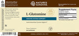 Natures Sunshine L-Glutamine supplement label showing 30 capsules, with a brown header, beige background, and supplement facts panel.