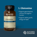 Natures Sunshine L-Glutamine supplement bottle on a dark blue background with text describing its benefits for gastrointestinal, immune, and cognitive support.
