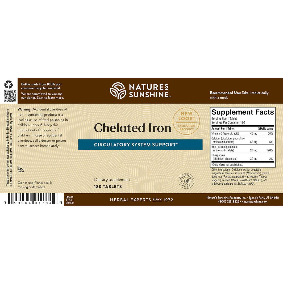 Natures Sunshine Chelated Iron dietary supplement packaging, featuring 180 tablets, with a brown and beige label design and a visible supplement facts panel.