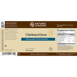 Natures Sunshine Chelated Iron dietary supplement packaging, featuring 180 tablets, with a brown and beige label design and a visible supplement facts panel.