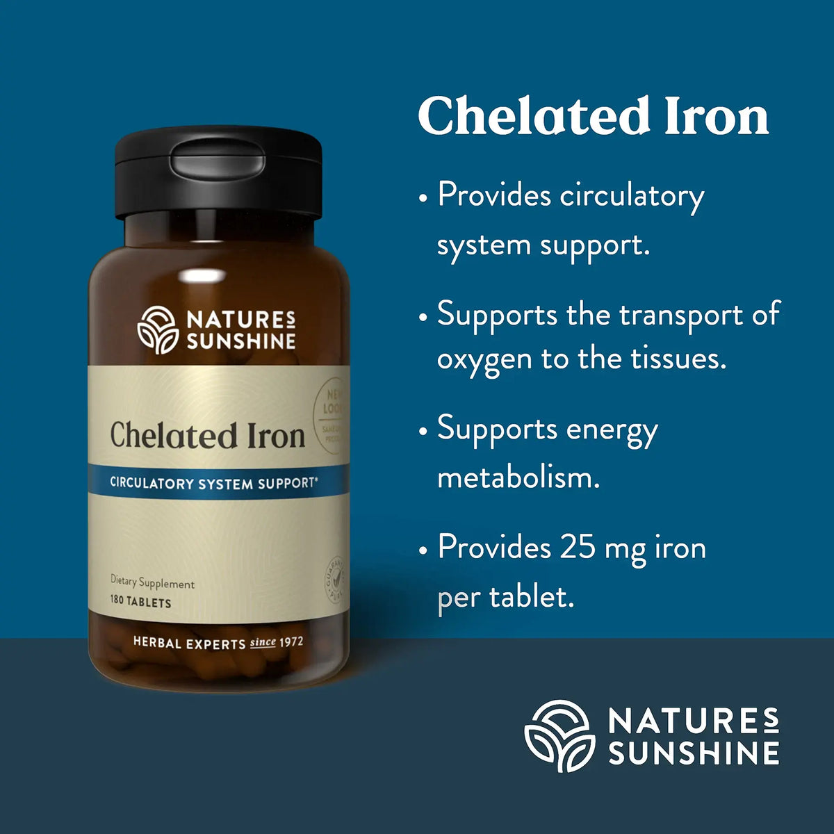 Natures Sunshine Chelated Iron dietary supplement bottle on a dark blue background with product benefits listed in white text on the right.