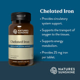 Natures Sunshine Chelated Iron dietary supplement bottle on a dark blue background with product benefits listed in white text on the right.