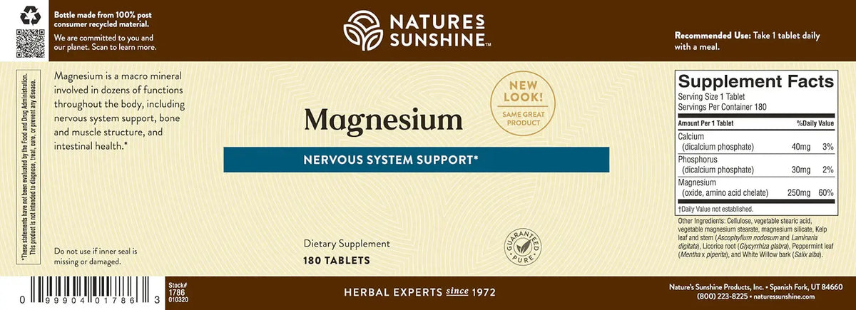 Natures Sunshine Magnesium Herbal Supplement bottle label, featuring a cream and dark brown design with a blue banner reading 'Nervous System Support'.
