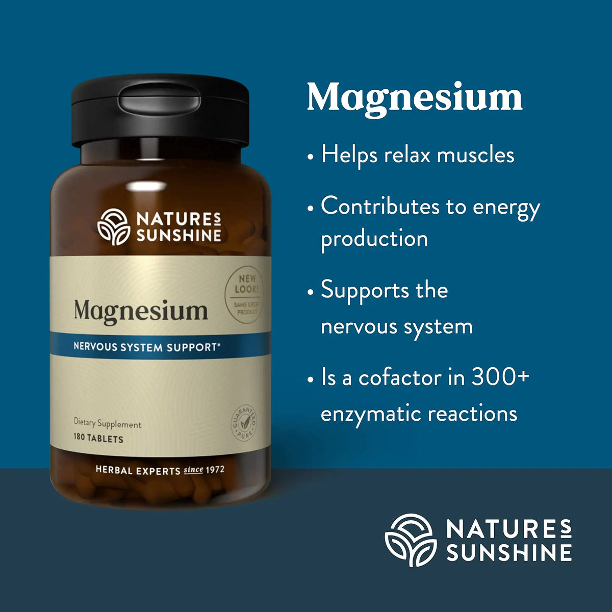 Natures Sunshine magnesium supplement bottle with product details on a blue background