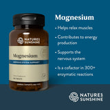 Natures Sunshine magnesium supplement bottle with product details on a blue background