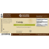 Front and back views of a Natures Sunshine Catnip Calming Support herbal supplement box, showing the brown and beige packaging with a supplement facts panel.