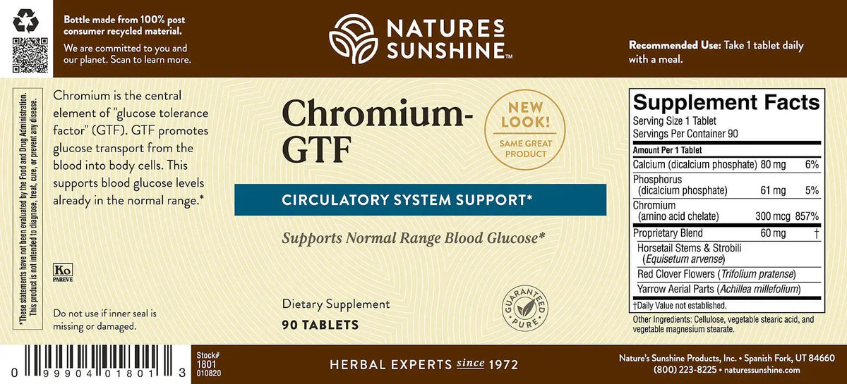 Natures Sunshine Chromium GTF supplement label with text and branding.