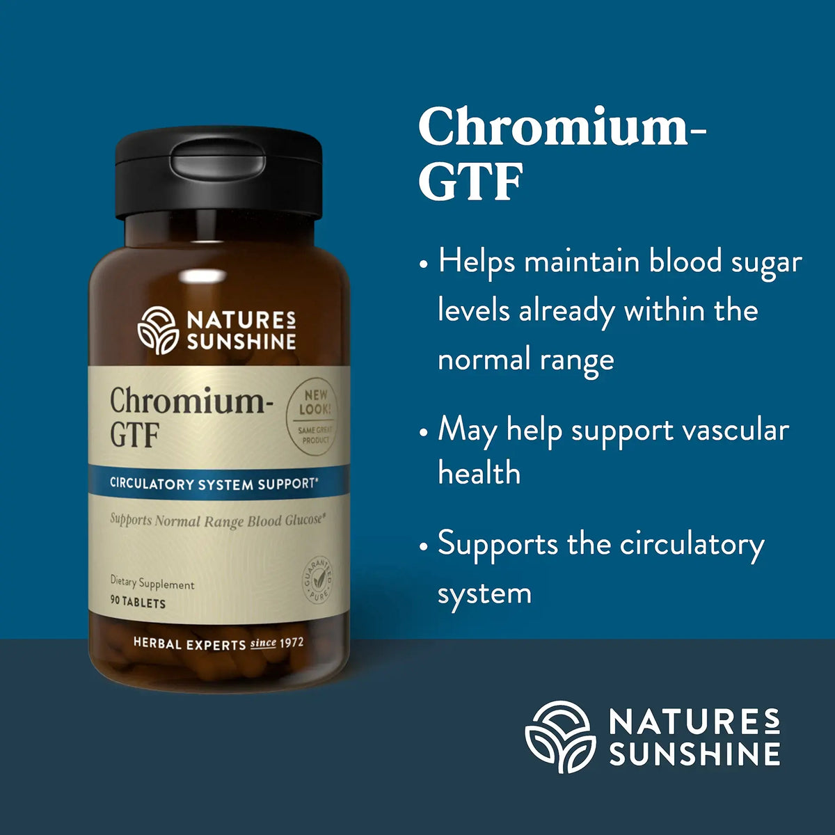 Natures Sunshine Chromium-GTF supplement bottle on a blue background with product details.