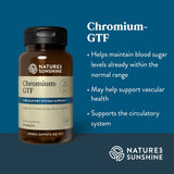 Natures Sunshine Chromium-GTF supplement bottle on a blue background with product details.