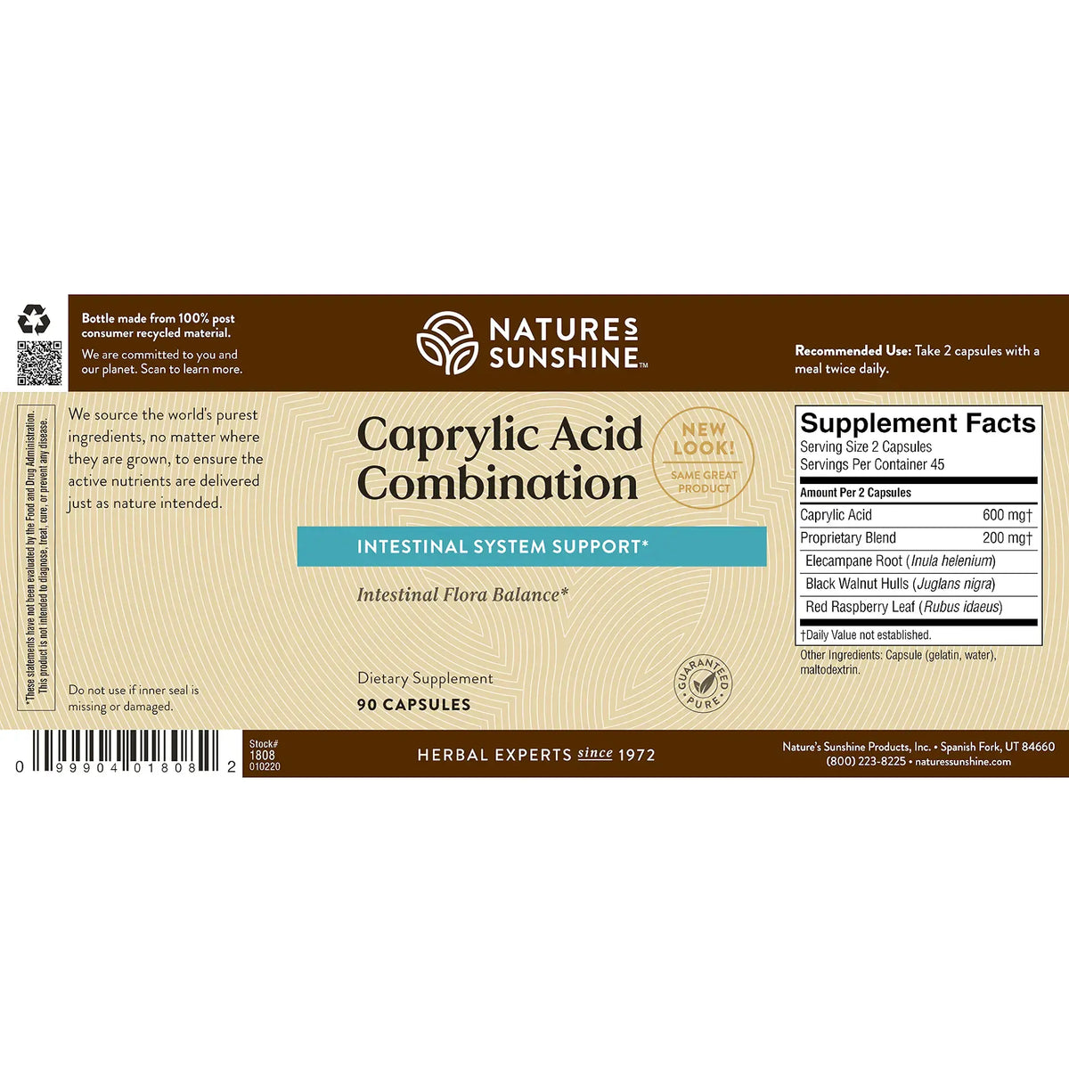 Nature's Sunshine Caprylic Acid Combination dietary supplement box, featuring a brown and beige label with a supplement facts panel and barcode.