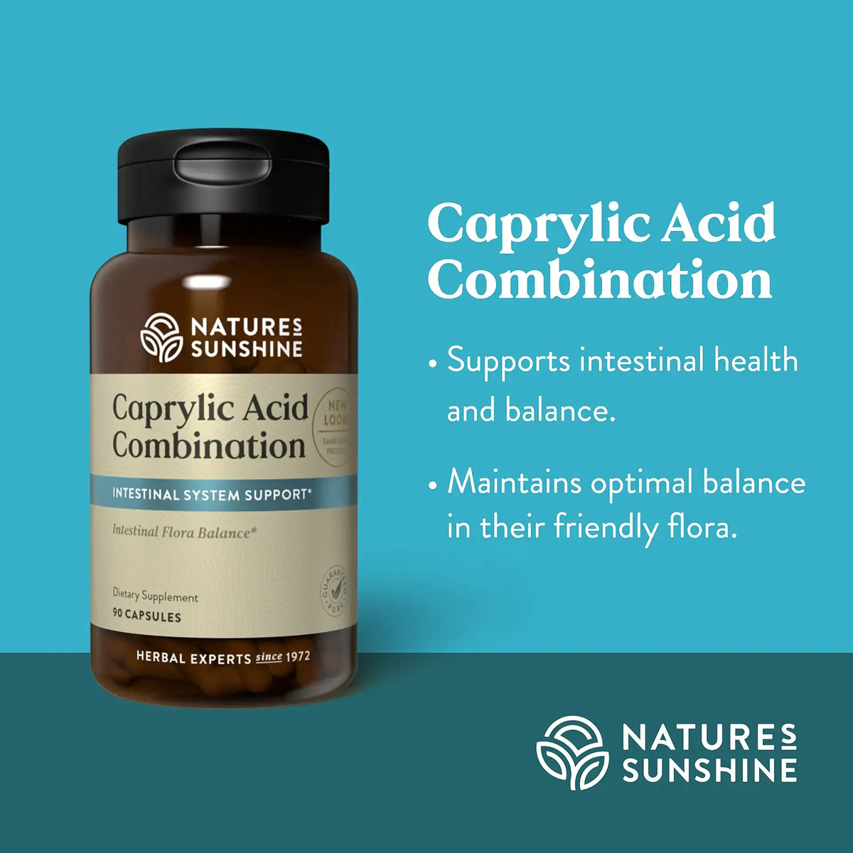 Natures Sunshine Caprylic Acid Combination dietary supplement bottle on a teal background with product text and branding.