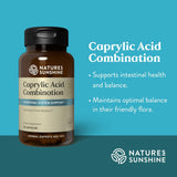 Natures Sunshine Caprylic Acid Combination dietary supplement bottle on a teal background with product text and branding.