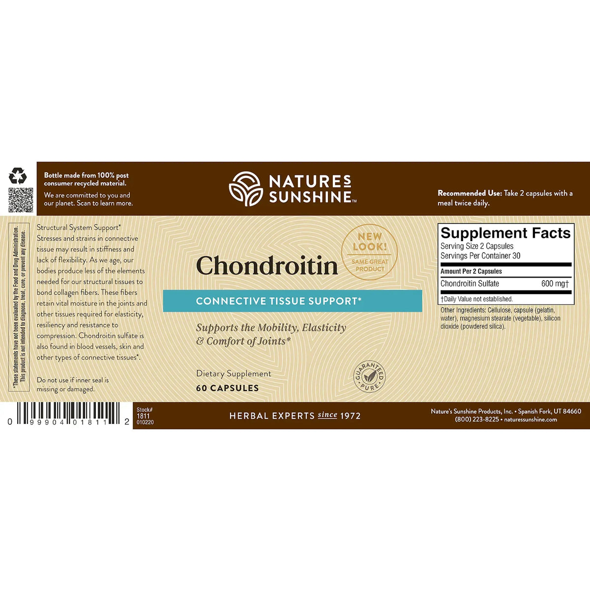 Chondroitin dietary supplement bottle label by Nature's Sunshine, featuring a brown and beige design with a Supplement Facts panel and product details for connective tissue support.