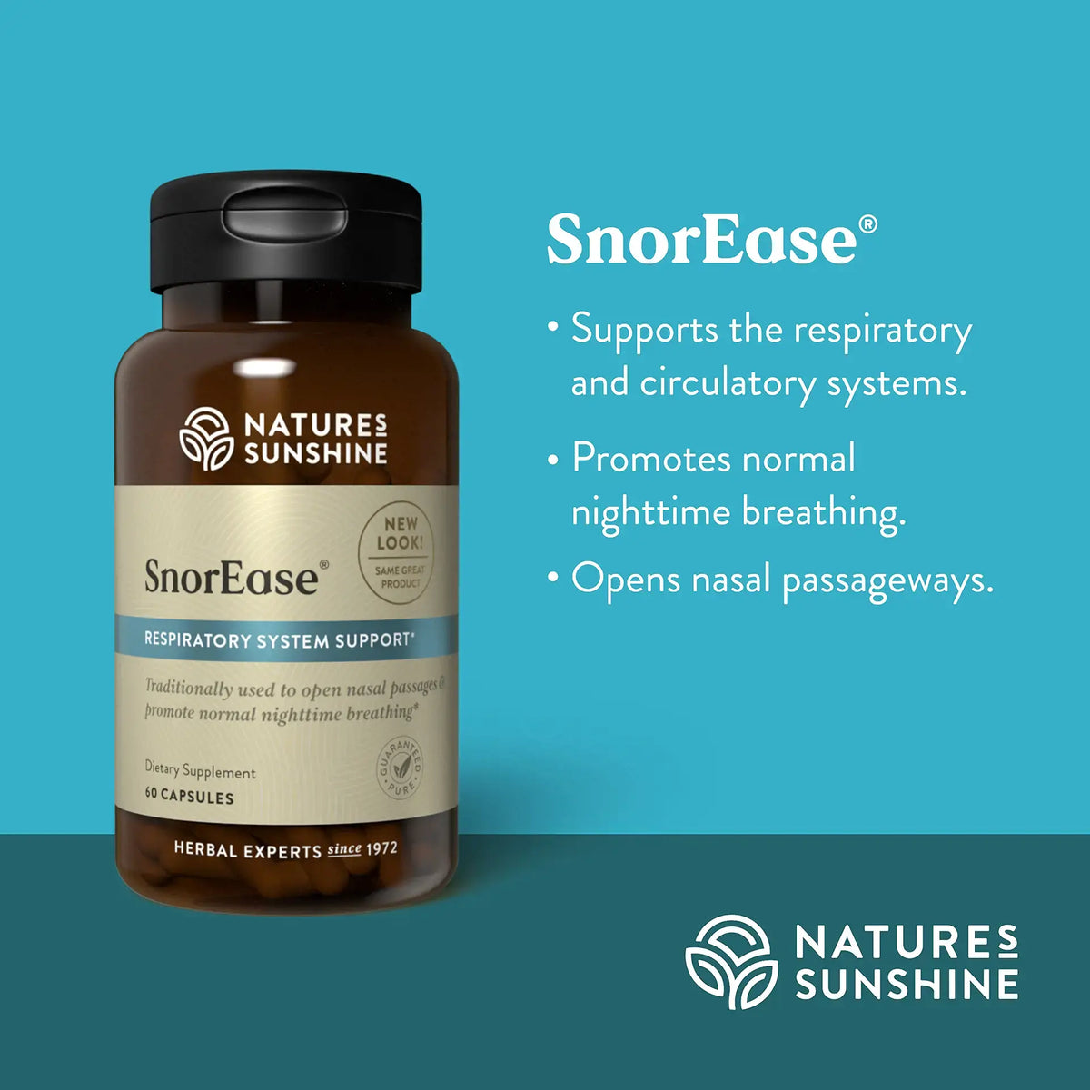 Natures Sunshine SnorEase Respiratory System Support dietary supplement bottle on a teal background with product benefits text on the right.