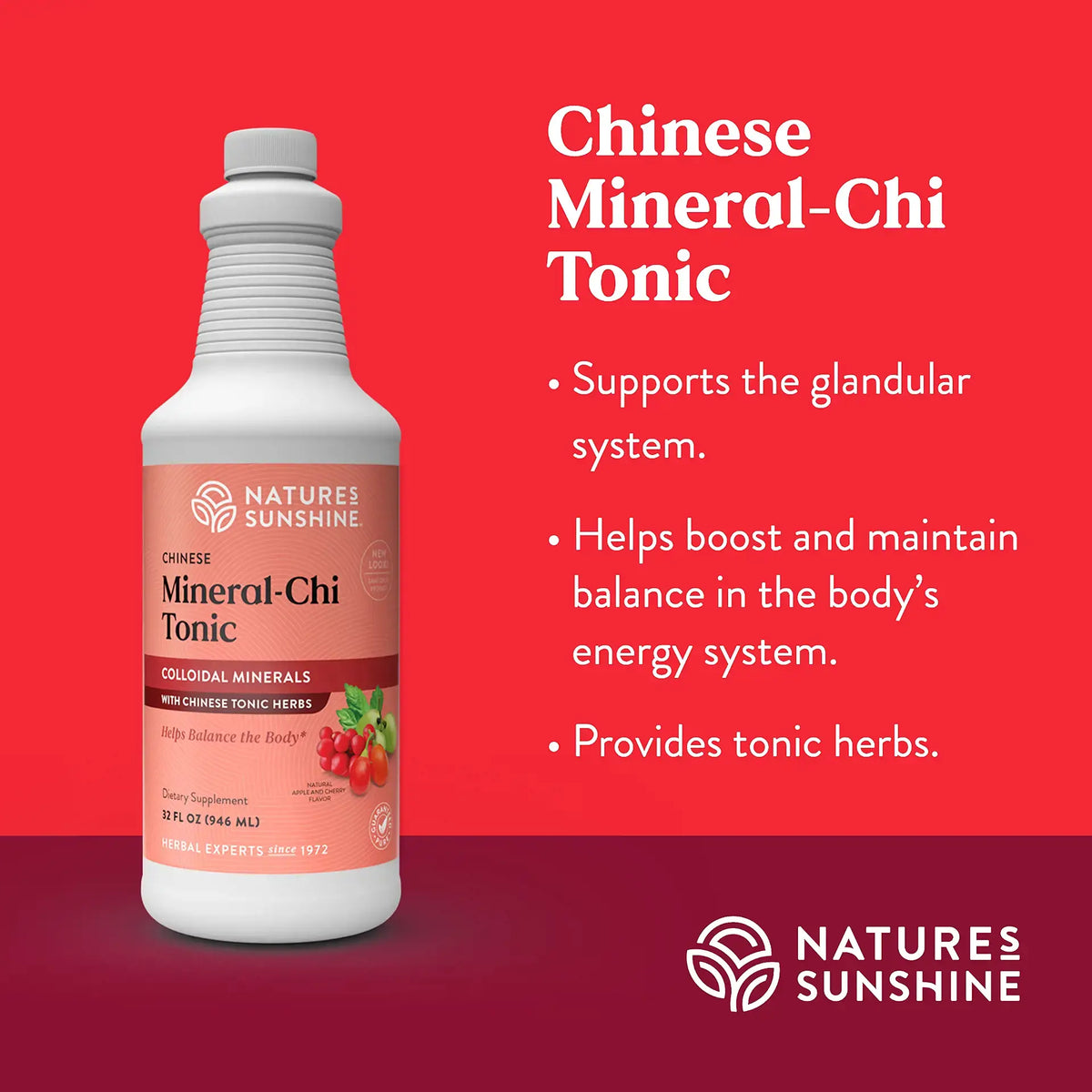 A bottle of Nature's Sunshine Chinese Mineral-Chi Tonic displayed on a red and dark red gradient background with white text describing its benefits.