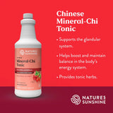 A bottle of Nature's Sunshine Chinese Mineral-Chi Tonic displayed on a red and dark red gradient background with white text describing its benefits.