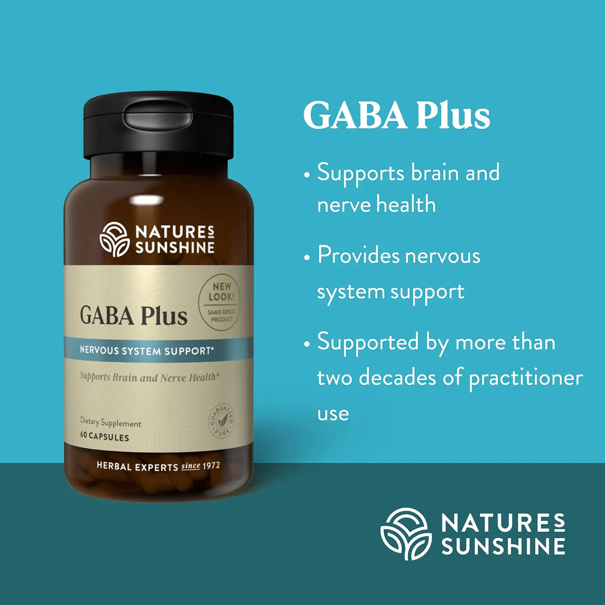 Natures Sunshine GABA Plus supplement bottle on a blue background with product details.
