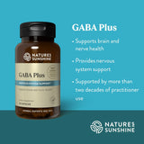 Natures Sunshine GABA Plus supplement bottle on a blue background with product details.