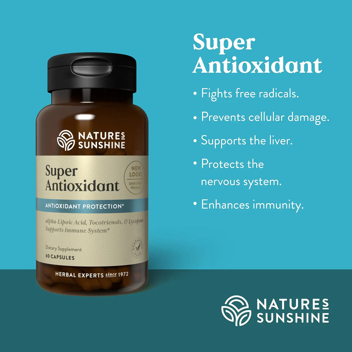 Nature's Sunshine Super Antioxidant dietary supplement bottle on a teal background with product benefits listed in white text.