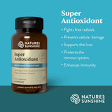 Nature's Sunshine Super Antioxidant dietary supplement bottle on a teal background with product benefits listed in white text.