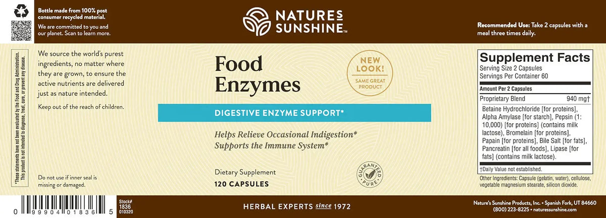 Front and back label of Natures Sunshine Food Enzymes dietary supplement, showing product name, supplement facts, and barcode on a brown background.