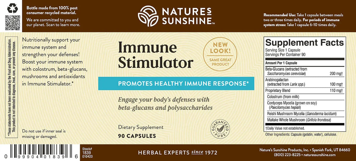 Natures Sunshine Immune Stimulator dietary supplement bottle label, featuring a cream and dark brown design with product details, supplement facts, and a barcode.
