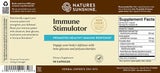 Natures Sunshine Immune Stimulator dietary supplement bottle label, featuring a cream and dark brown design with product details, supplement facts, and a barcode.