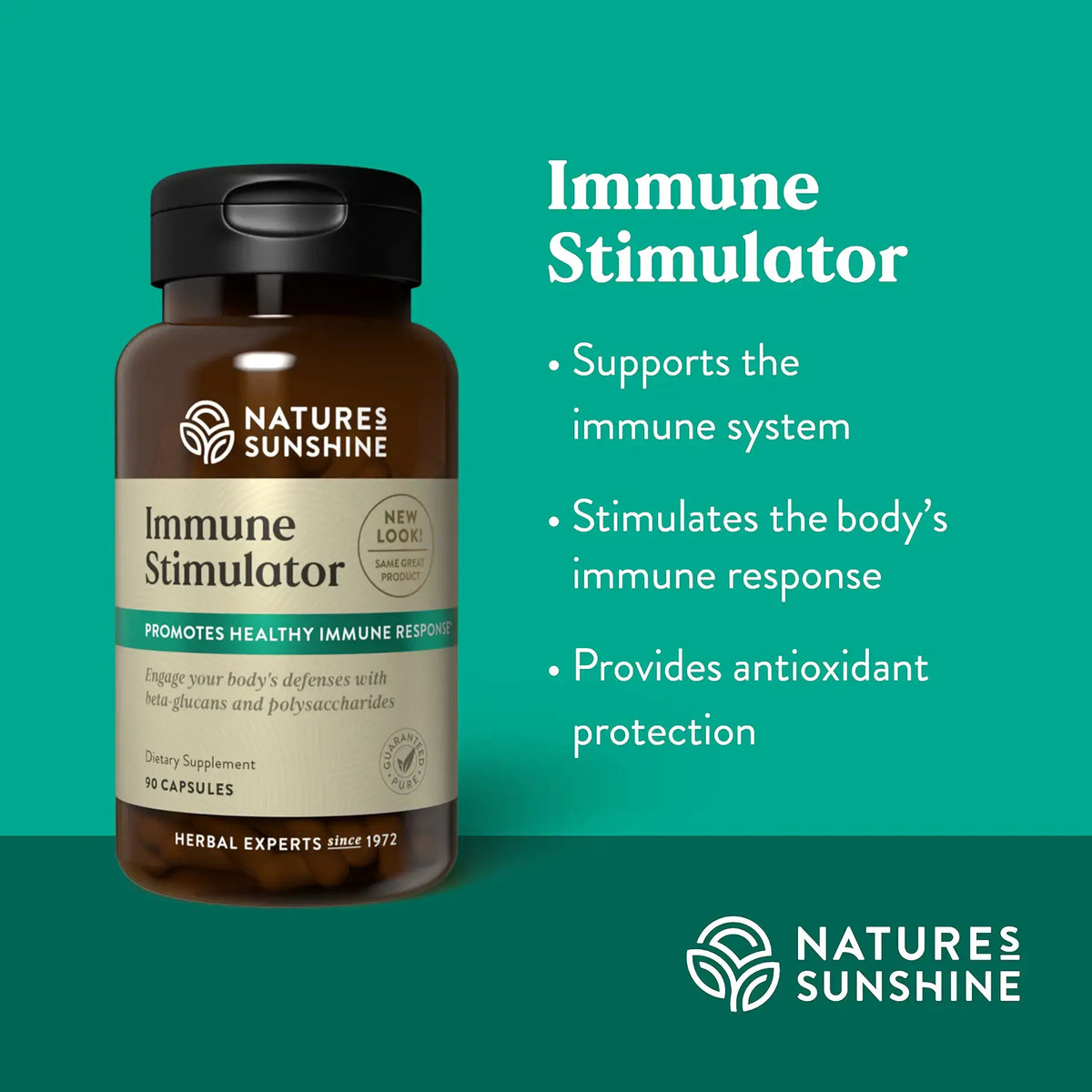 Nature's Sunshine Immune Stimulator herbal supplement bottle on a teal background with product benefits listed in white text.