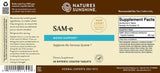 Natures Sunshine SAM-e dietary supplement label showing product details, supplement facts, and barcode on a brown background.