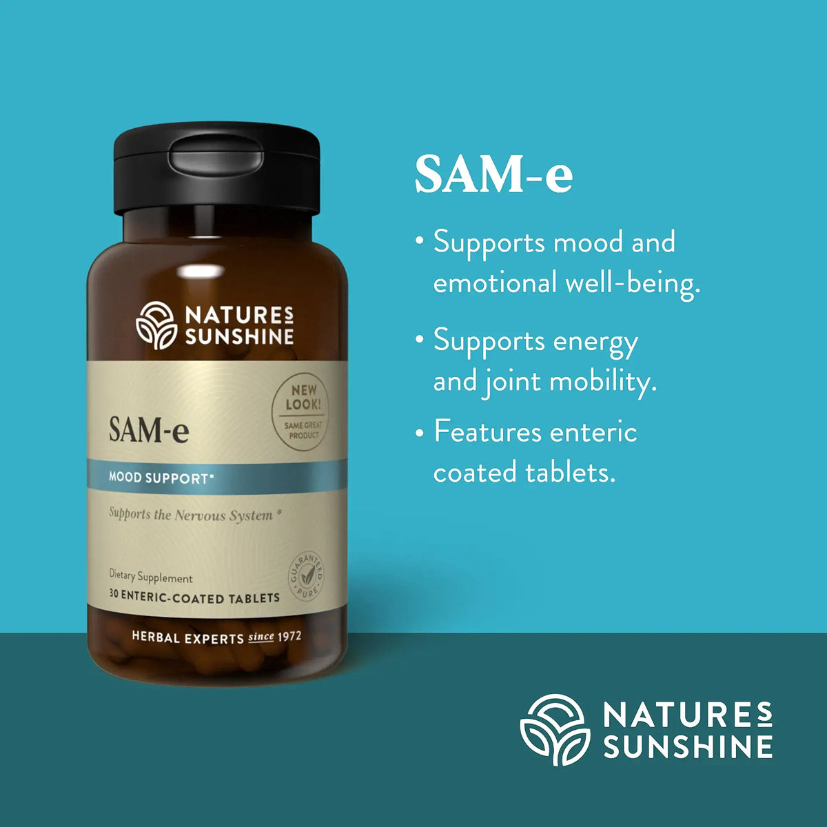 Nature's Sunshine SAM-e herbal supplement bottle on a teal background with product benefits text on the right.