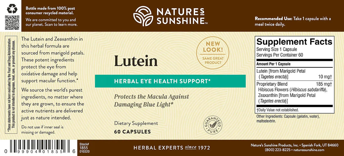 The back label of Nature's Sunshine Lutein Herbal Eye Health Support dietary supplement, showing product details, ingredients, and supplement facts.