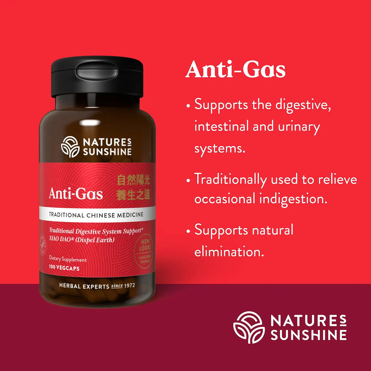 Nature's Sunshine Anti-Gas dietary supplement bottle on a red background with product benefits text.