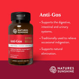 Nature's Sunshine Anti-Gas dietary supplement bottle on a red background with product benefits text.