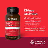 Natures Sunshine Kidney Activator herbal supplement bottle on a red background with product text and benefits.