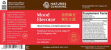 Front and back label of Natures Sunshine Mood Elevator herbal supplement, featuring a red and white front panel with product name, ingredients, and a supplement facts box on a brown background.