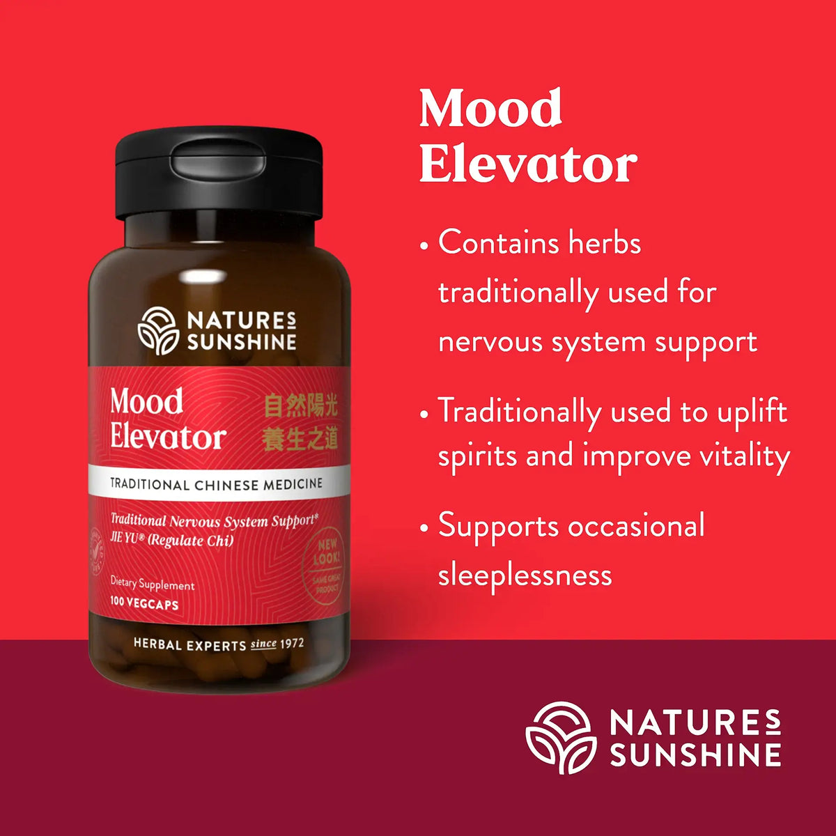 Nature's Sunshine Mood Elevator herbal supplement bottle on a red background with product details and marketing text.