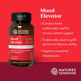 Nature's Sunshine Mood Elevator herbal supplement bottle on a red background with product details and marketing text.