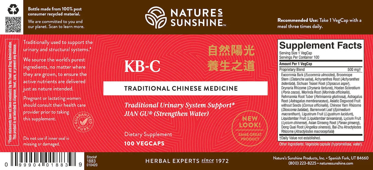 Natures Sunshine KB-C Traditional Chinese Medicine dietary supplement box front label, featuring a red and white design with product details, ingredients, and a supplement facts panel.