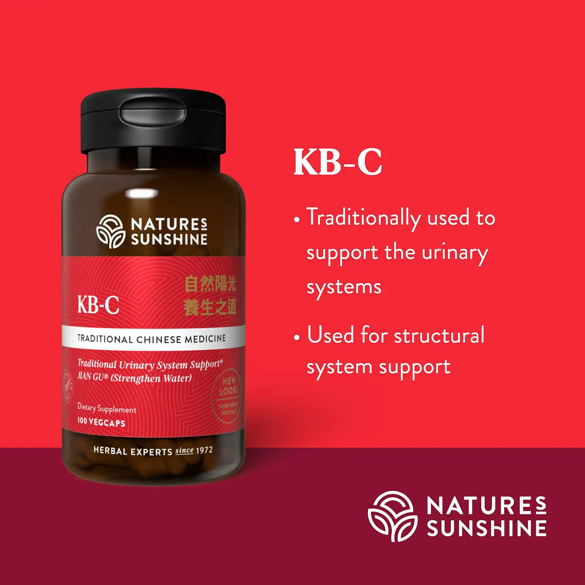 Natures Sunshine KB-C herbal supplement bottle on a red background with text describing its traditional Chinese medicine use for urinary system support.