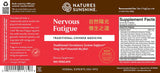 Natures Sunshine Nervous Fatigue Traditional Chinese Medicine dietary supplement bottle label, featuring a red and white design with product details, ingredients, and supplement facts on a dark brown background.