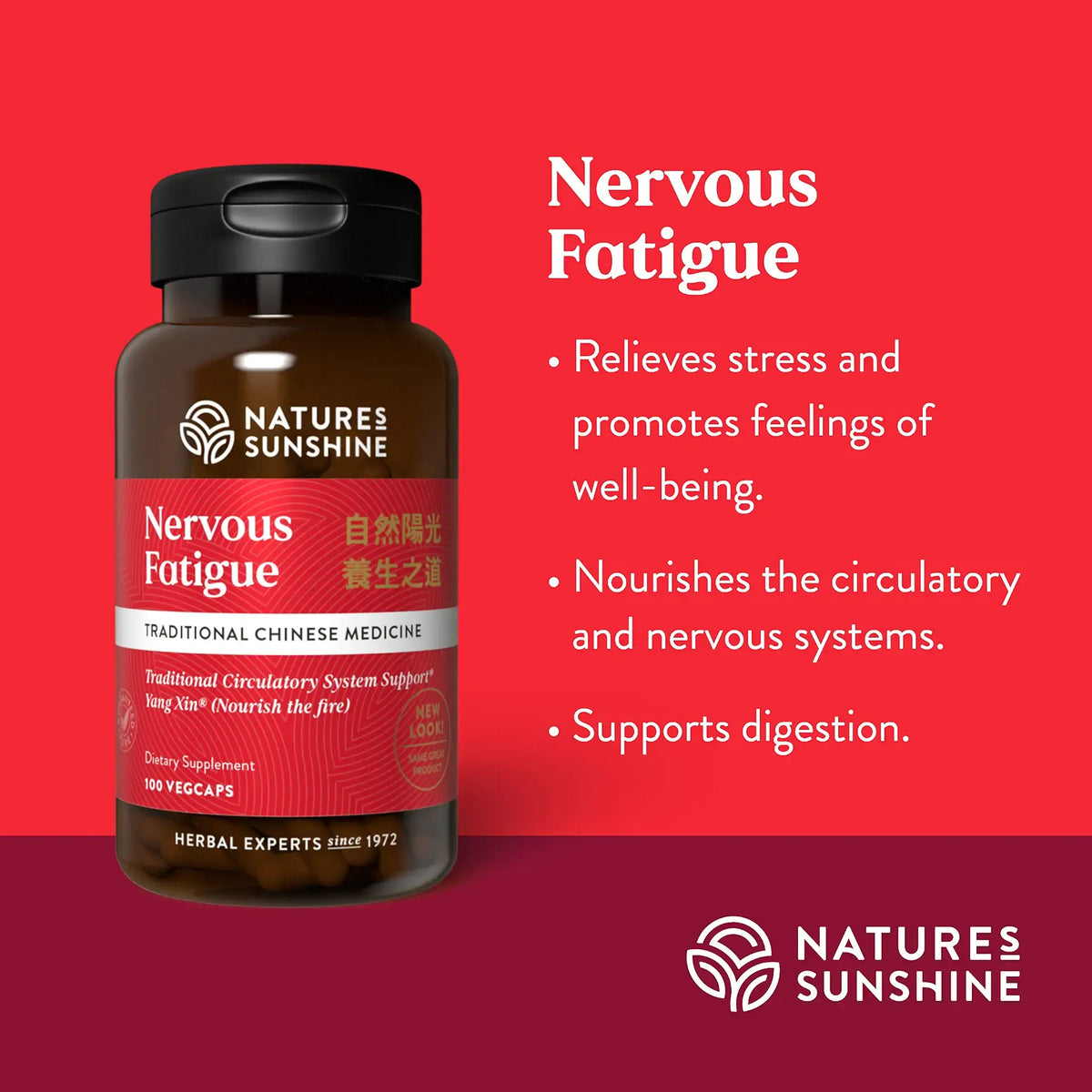 Natures Sunshine Nervous Fatigue herbal supplement bottle on a red and dark red gradient background with product benefits listed in white text.