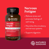 Natures Sunshine Nervous Fatigue herbal supplement bottle on a red and dark red gradient background with product benefits listed in white text.
