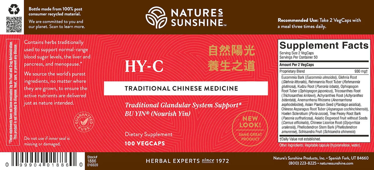 Natures Sunshine HY-C Traditional Chinese Medicine dietary supplement bottle label, featuring a red and white design with product details, ingredients, and supplement facts.