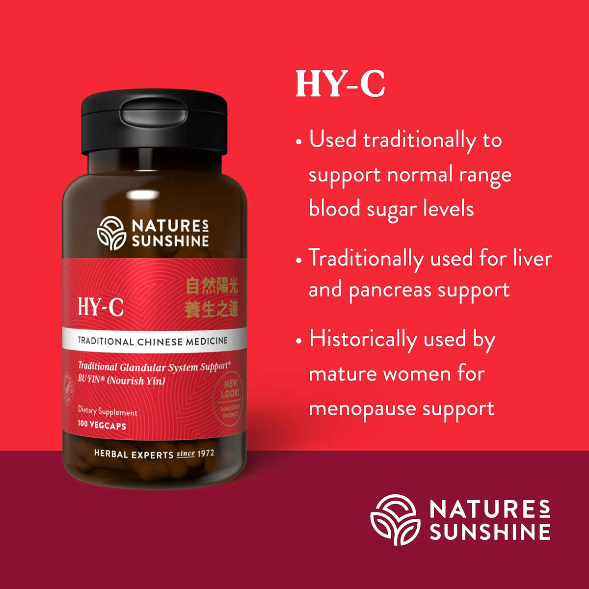 Nature's Sunshine HY-C Traditional Chinese Medicine herbal supplement bottle on a red background with descriptive text about its traditional uses for blood sugar, liver, pancreas, and menopause support.