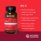 Nature's Sunshine HY-C Traditional Chinese Medicine herbal supplement bottle on a red background with descriptive text about its traditional uses for blood sugar, liver, pancreas, and menopause support.