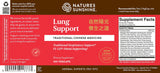 Natures Sunshine Lung Support dietary supplement bottle label, featuring a red and white design with product details, ingredients, and a supplement facts panel.