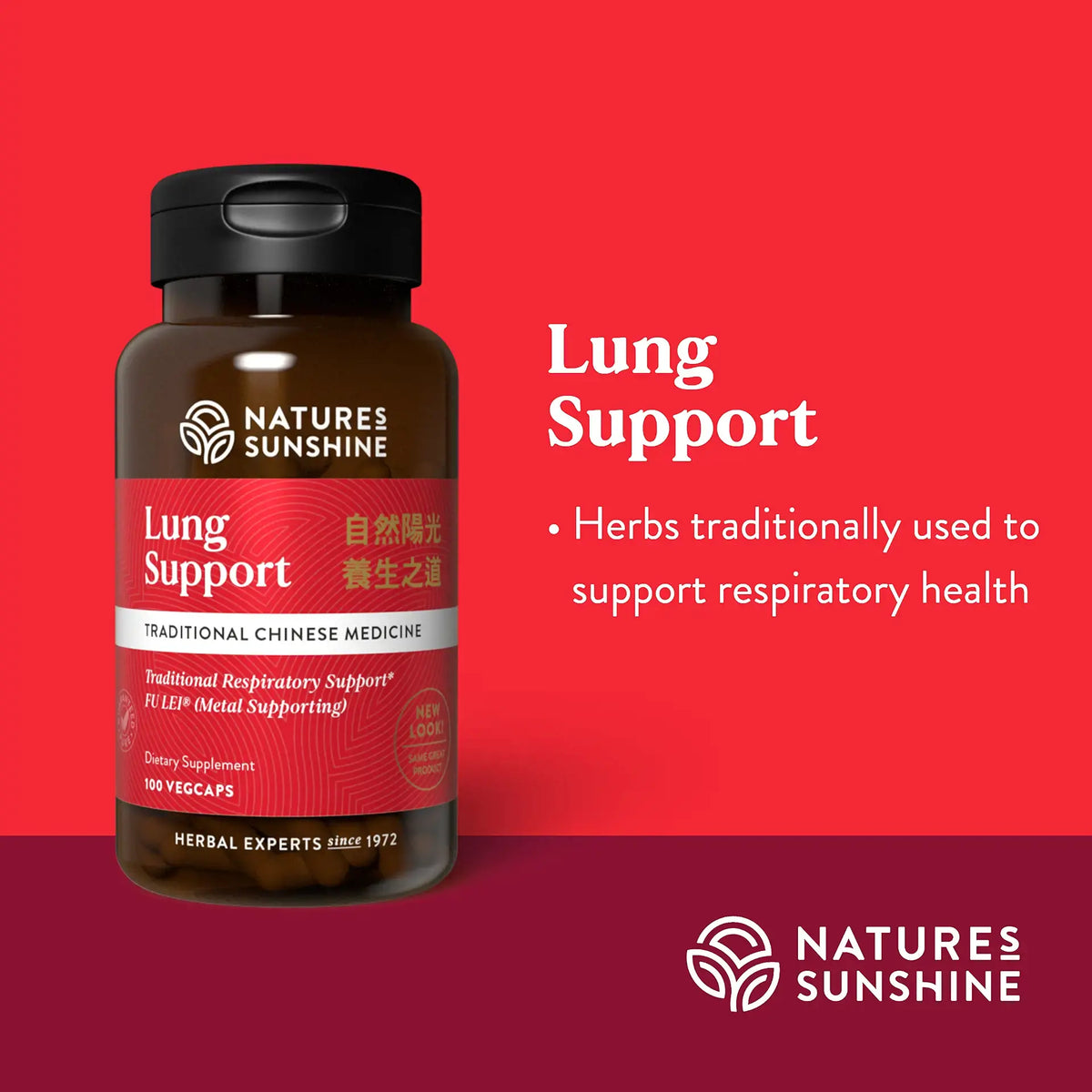 Nature's Sunshine Lung Support herbal supplement bottle on a red background with text describing respiratory support benefits.